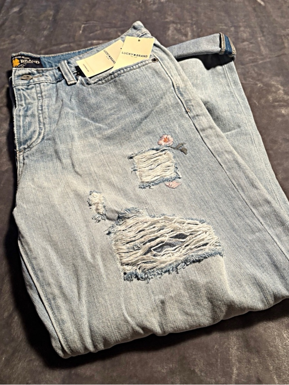 Lucky Brand Light Blue Distressed Boyfriend Jeans with Floral Embroidery - Picture 8 of 15